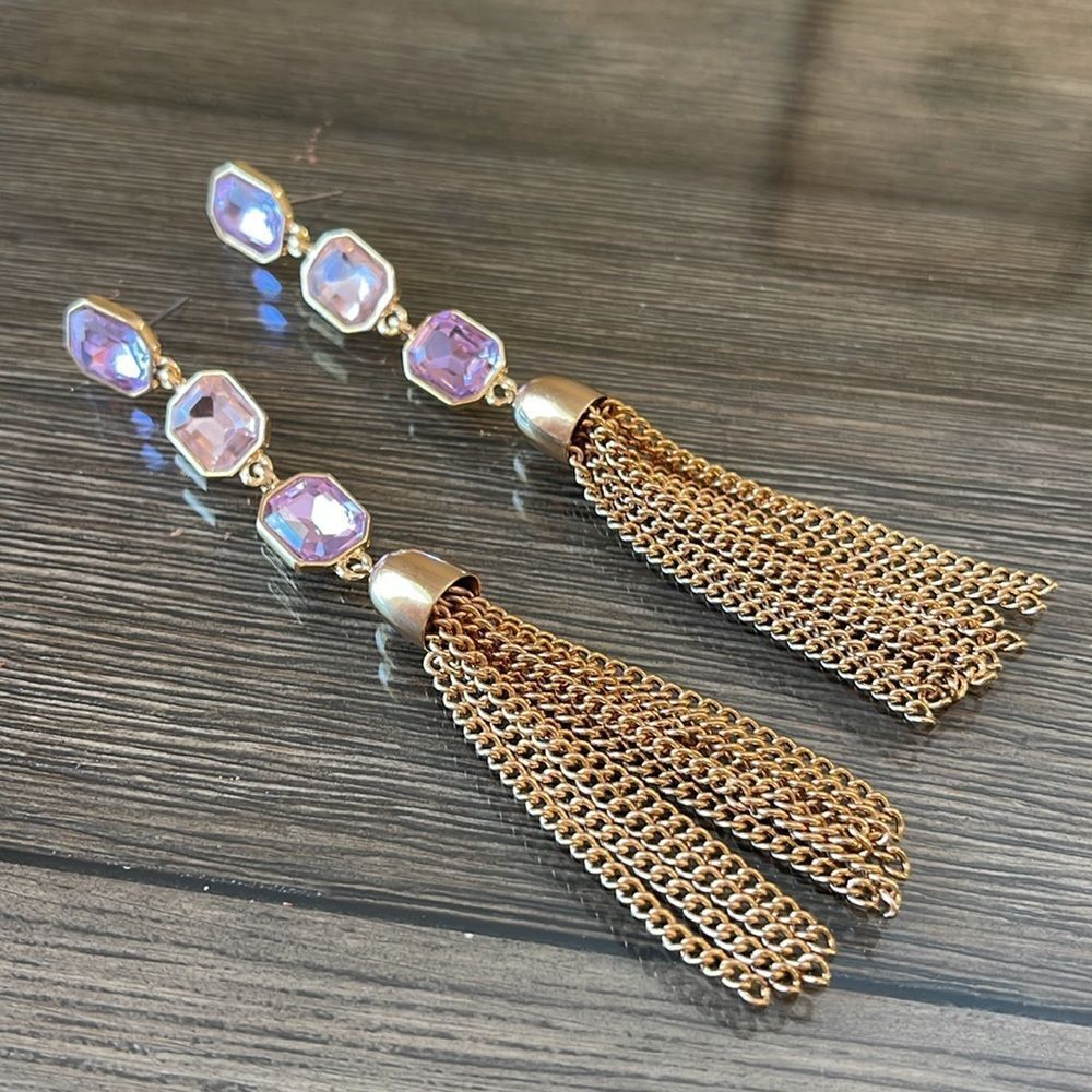 Long Dangling Pink & Purple Gold-tone Tassel Earrings